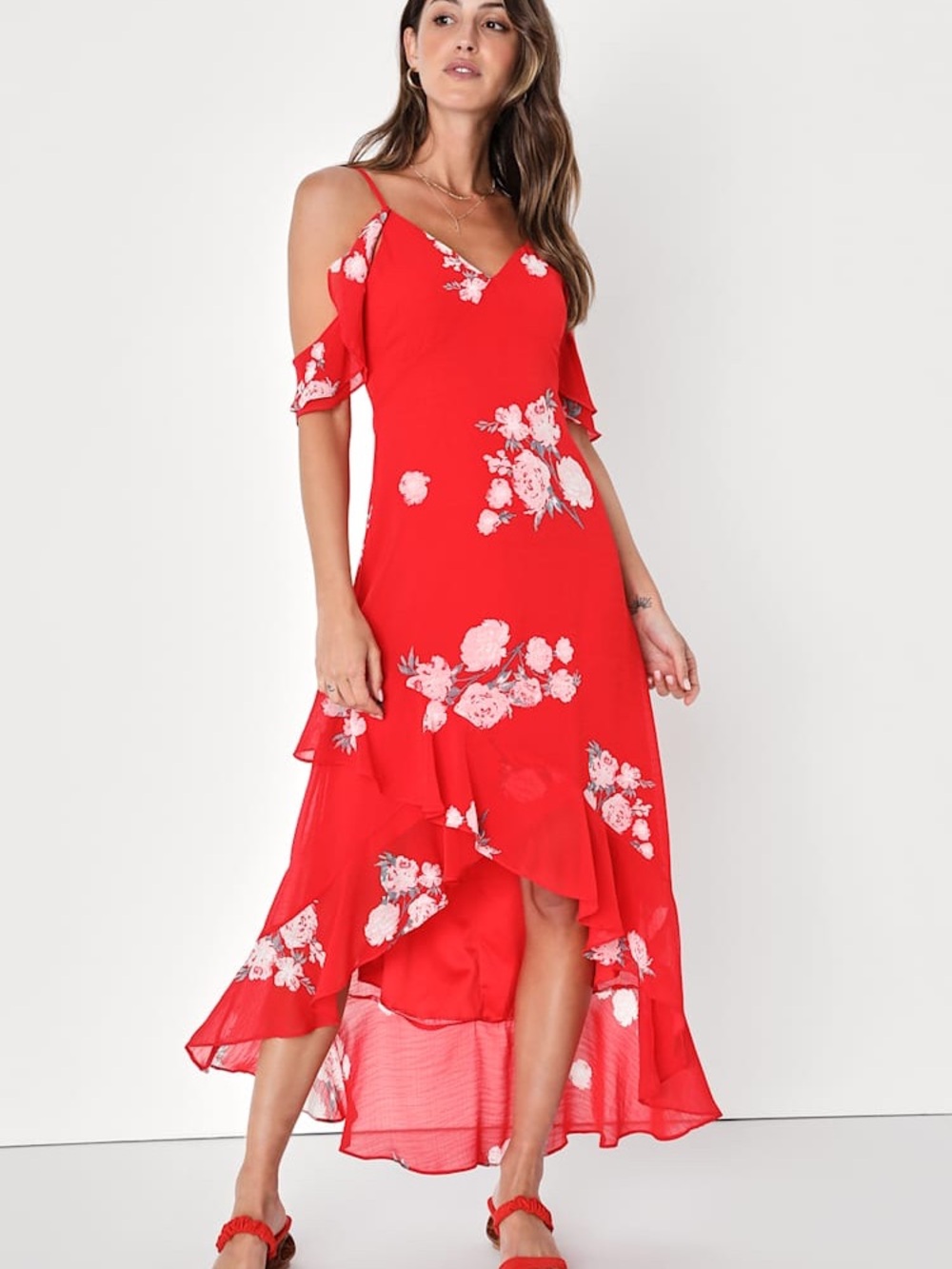Lulus Love in Bloom Red Floral Print Off-the-Shoulder High-Low Dress NWT Small